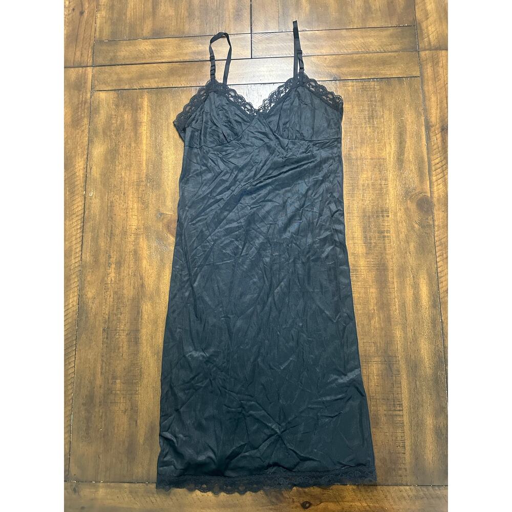 Vintage 70s 80s Black‎ Lace Slip Dress Nylon Lingerie Nightgown Size 34 USA